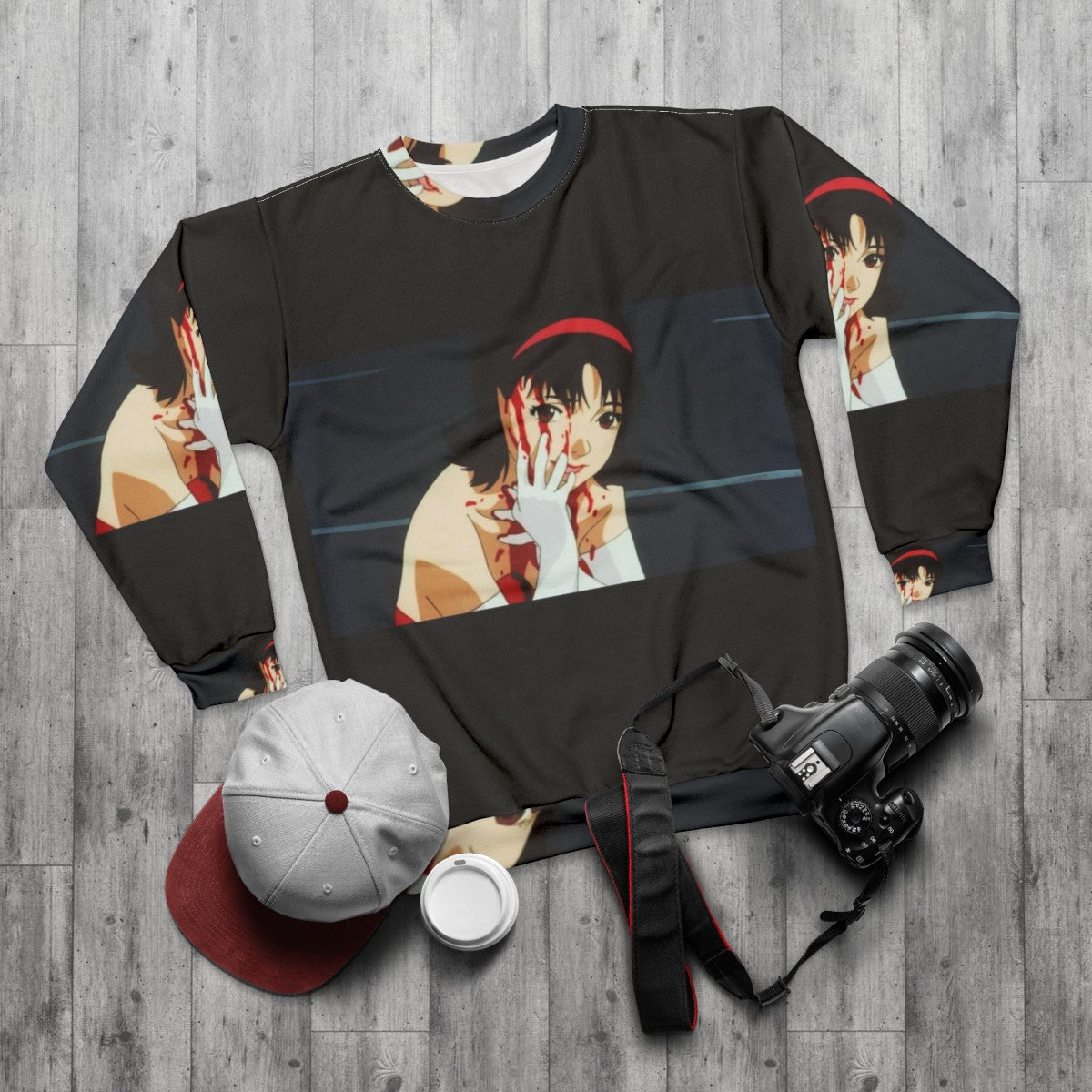 Perfect Blue Anime Sweatshirt with Blood and Final Fantasy Imagery - flat lay