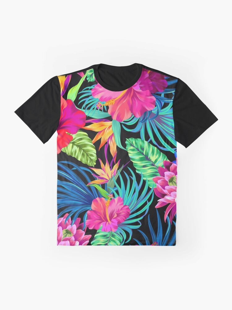 Tropical hibiscus flower graphic t-shirt with a bold, colorful floral pattern design. - Flat lay