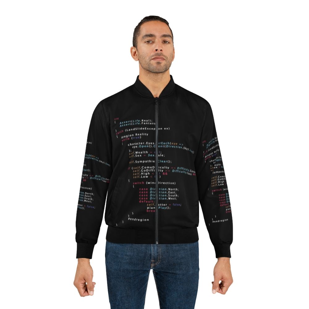 Programming bomber jacket with code-inspired color design and "Is This The Real Life?" text. - Lifestyle