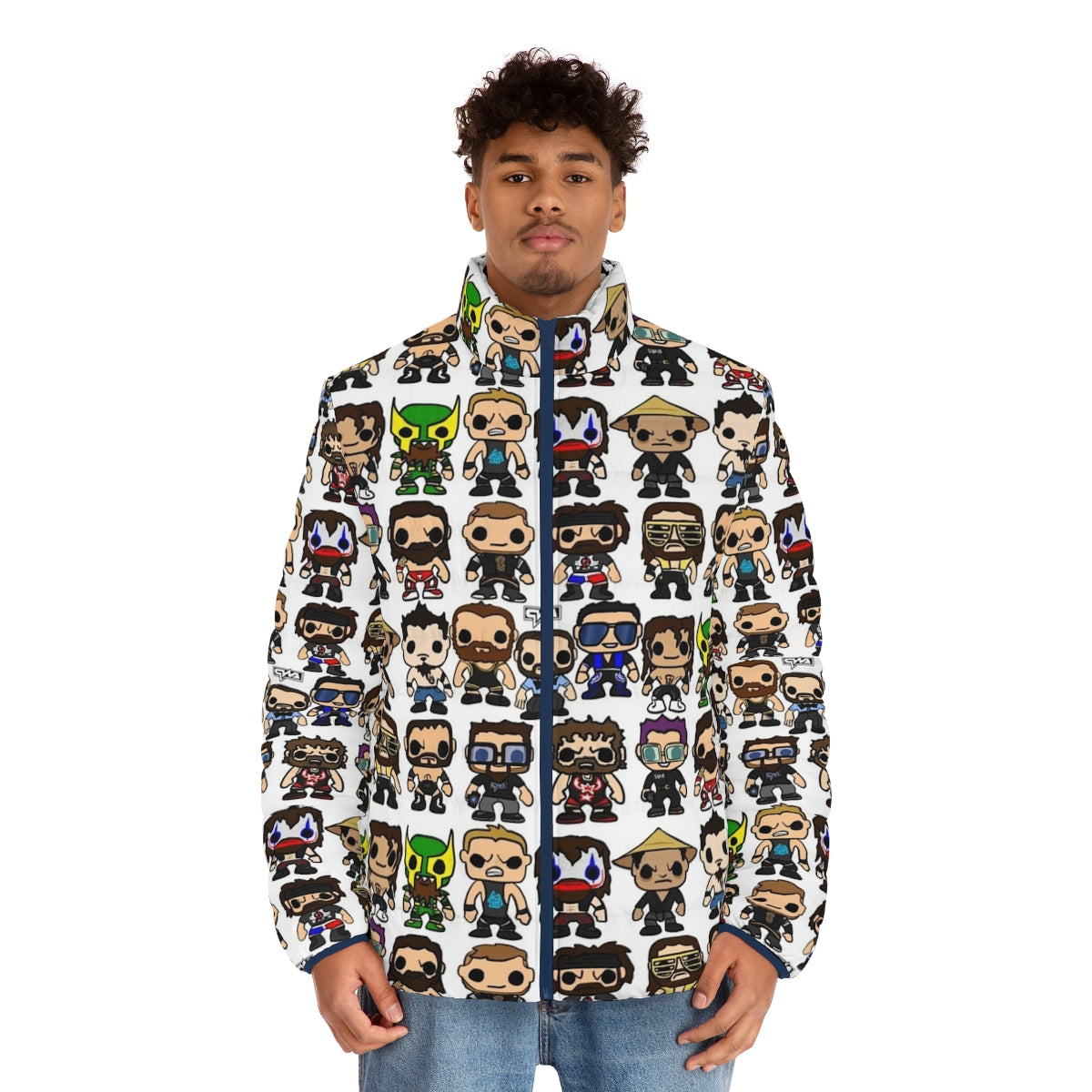 Qwa Vinyl Pop Art Puffer Jacket featuring a wrestling character figure - men front