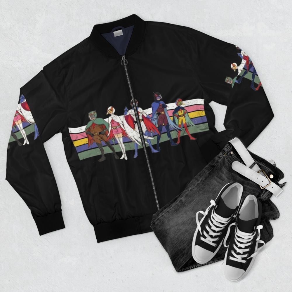 Retro-style bomber jacket featuring the G Force team from the classic sci-fi cartoon "Battle of the Planets" - Flat lay