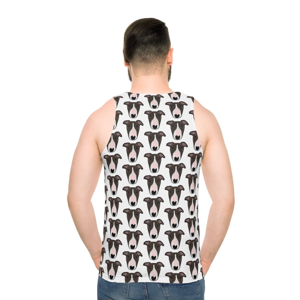 Unisex tank top with a playful bull terrier design - men back