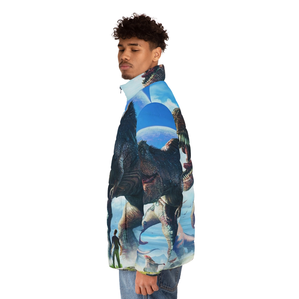 Ark Survival Evolved T-Rex Puffer Jacket featuring dinosaur graphics and outdoor-inspired design - men side left