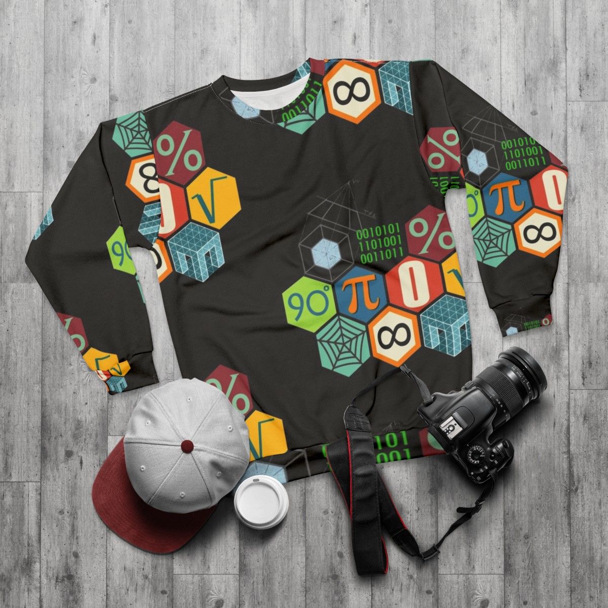 Stylish math sweatshirt with geometric designs and mathematical symbols - flat lay