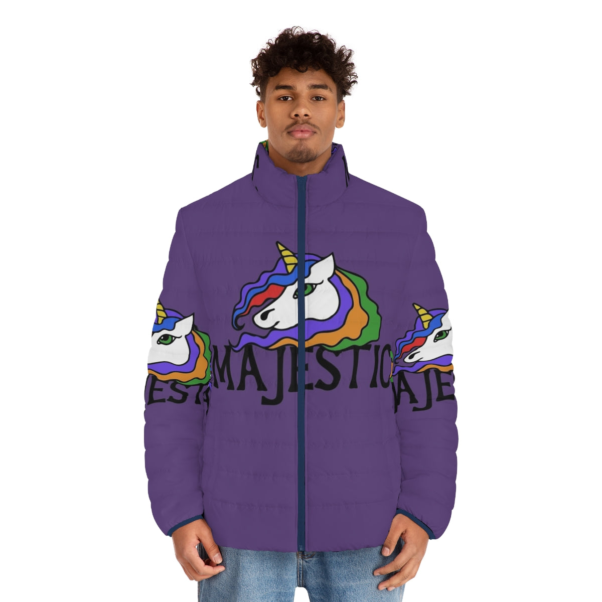 Majestic unicorn puffer jacket with a vibrant rainbow design - men front