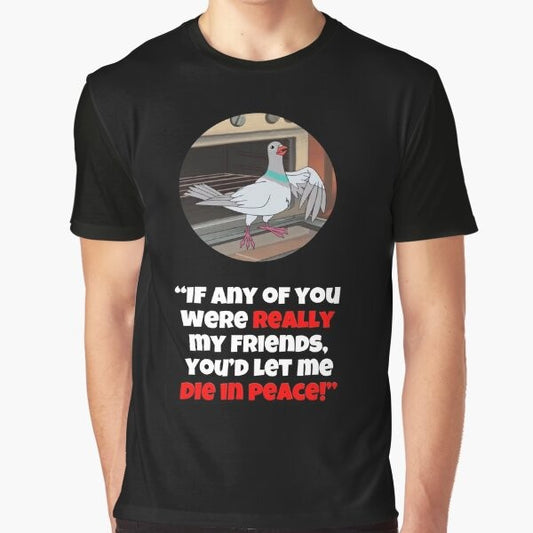 A black and white graphic t-shirt with a pigeon and "Let Me Die In Peace" text, inspired by Mike Tyson mysteries and sarcastic memes.