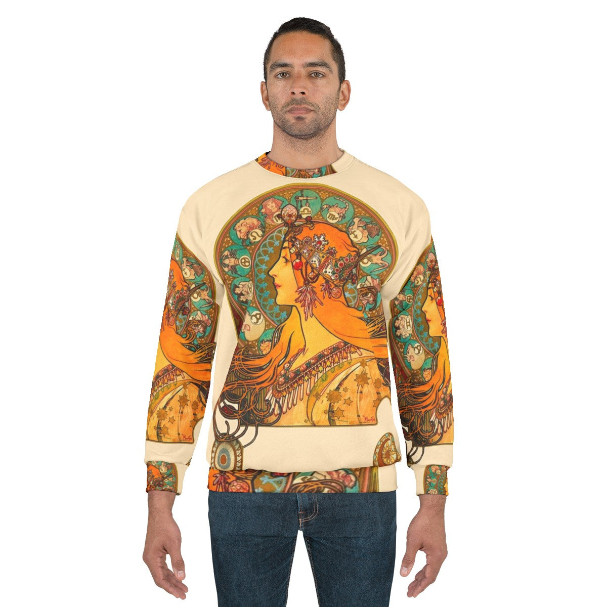 Zodiac sweatshirt with Alphonse Mucha's art nouveau style zodiac illustrations - men