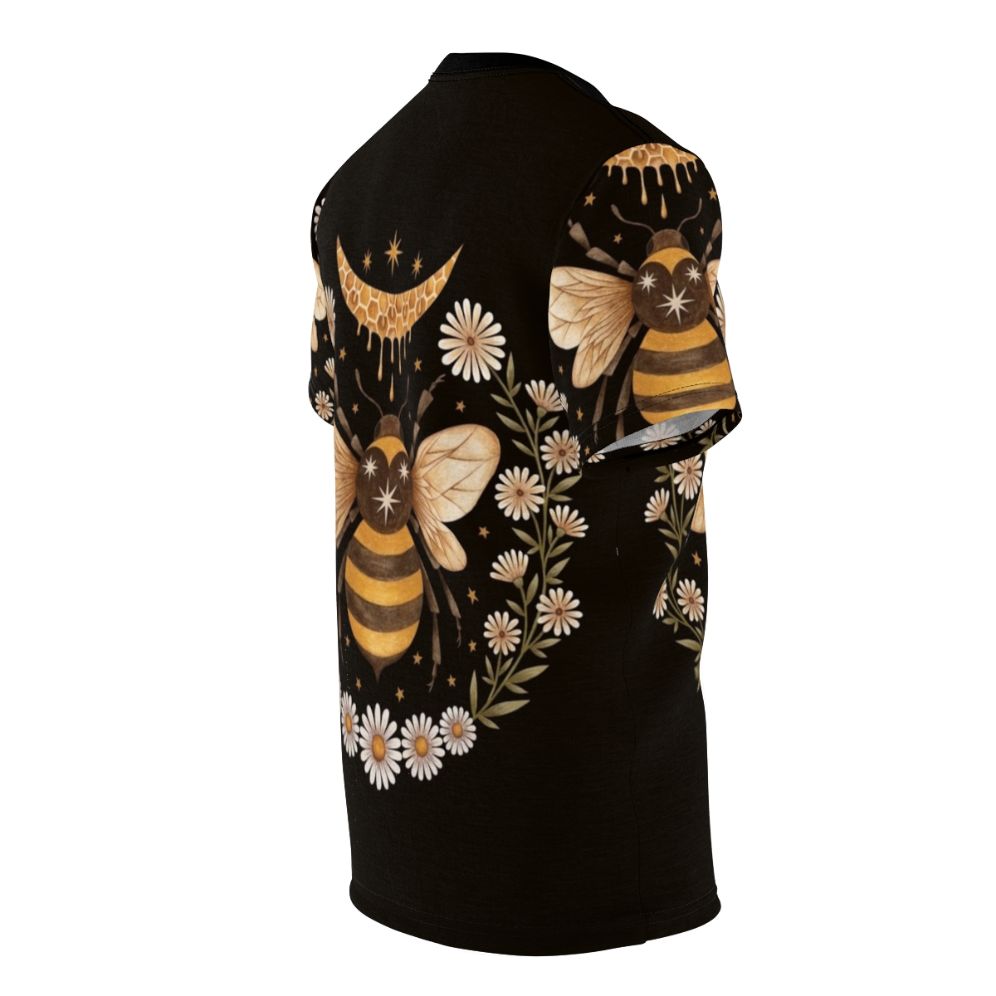 A black t-shirt featuring a honey moon design with bees, flowers, and a laurel wreath - men right