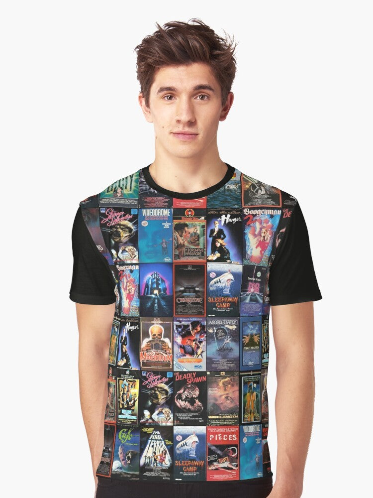 Retro horror movie VHS artwork from the 1980s printed on a graphic t-shirt - Men