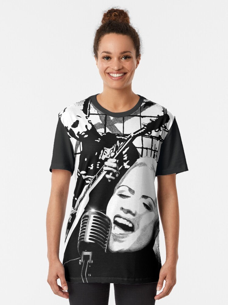 Dolores O'Riordan fan art montage graphic t-shirt in black and white with pen and ink style design - Women