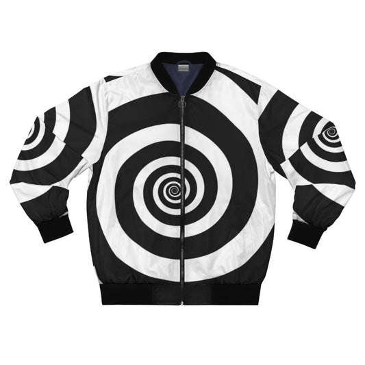 A black and white bomber jacket with a hypnotic spiral visual illusion pattern, perfect for a retro or psychedelic look.