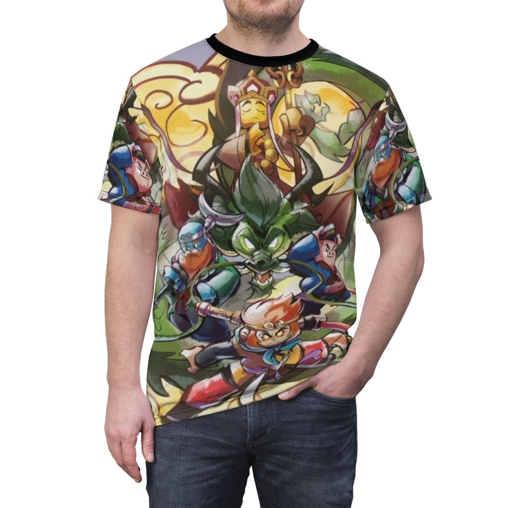 Monkie Kid inspired illustration of Sun Wukong, the Monkey King, on an all-over print custom T-shirt. - men front