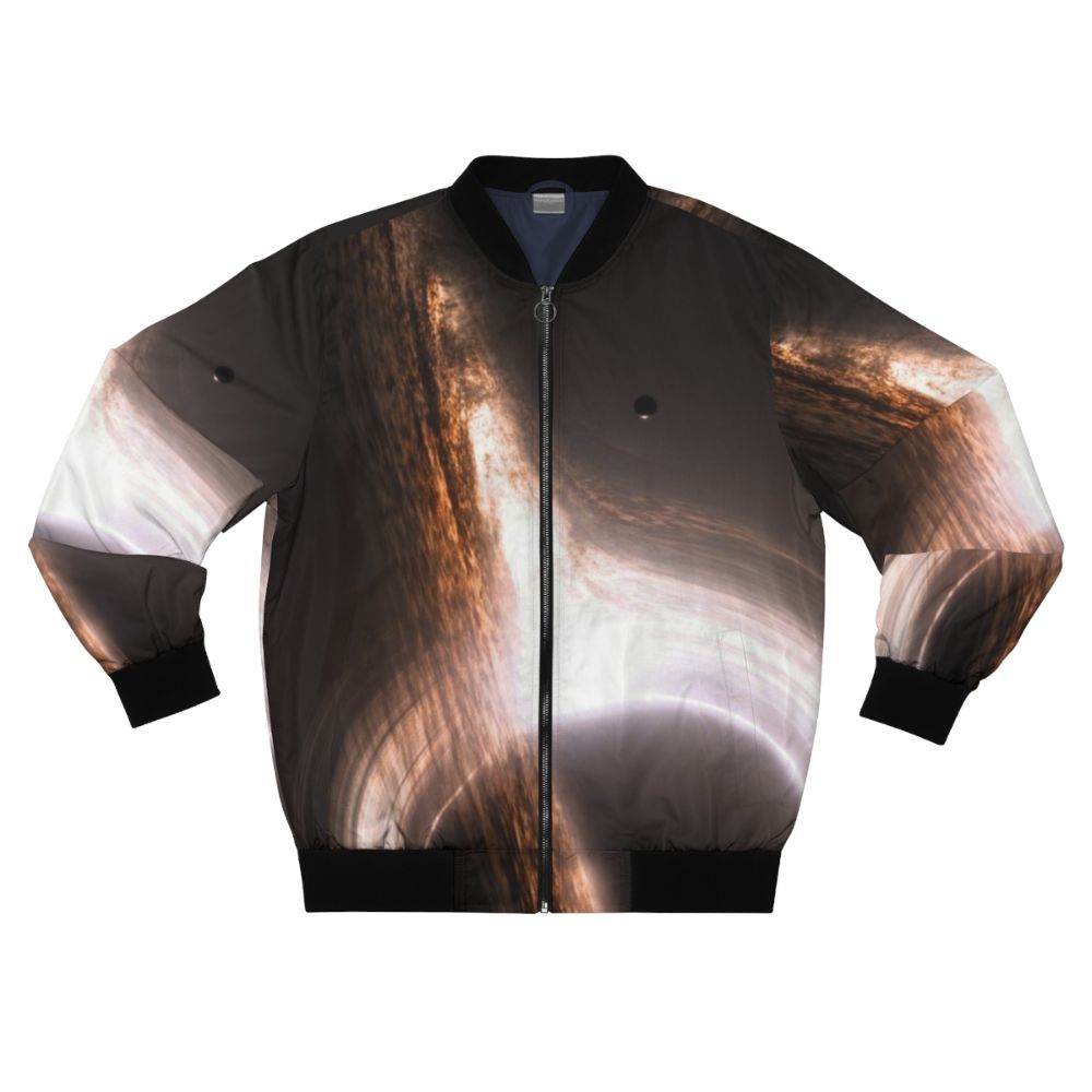 Interstellar black hole bomber jacket with cosmic, galaxy, and star design