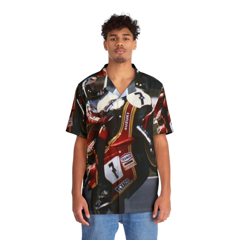 Vintage-inspired Barry Sheene Hawaiian shirt featuring retro motorcycle graphics - People Front