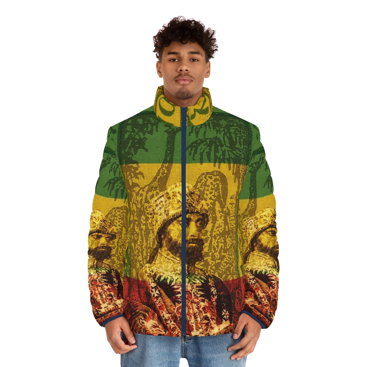 Haile Selassie Rasta Puffer Jacket featuring the Lion of Judah symbol - men front