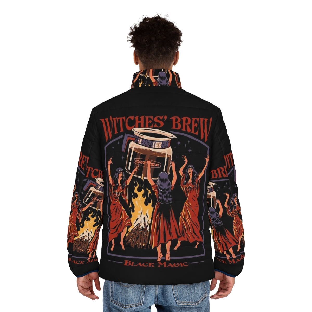 Retro Witches Brew Puffer Jacket featuring a vintage, horror-inspired design with a caffeine-fueled, occult-inspired aesthetic. - men back