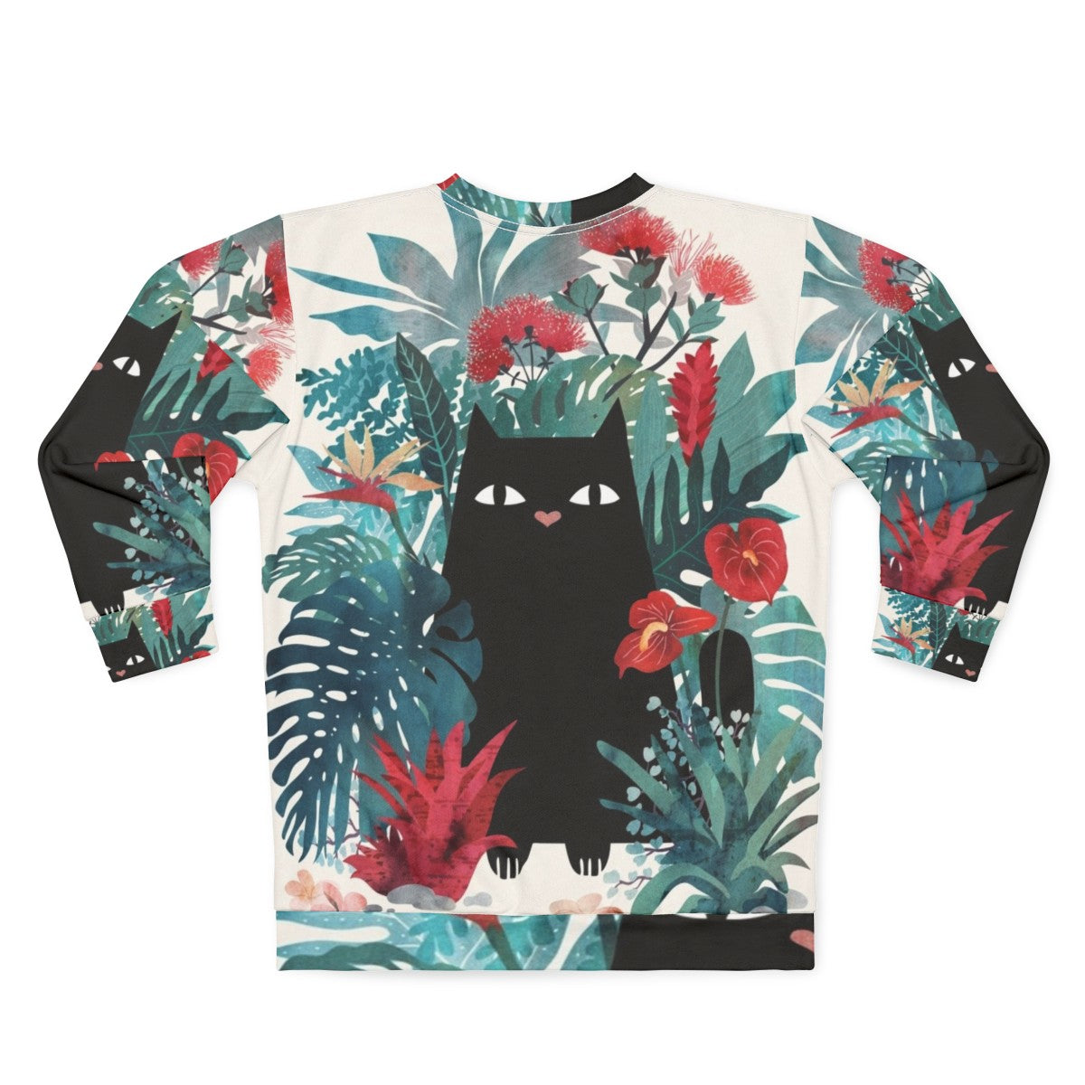 Popoki Black Cat Sweatshirt with Tropical Floral Print - Back