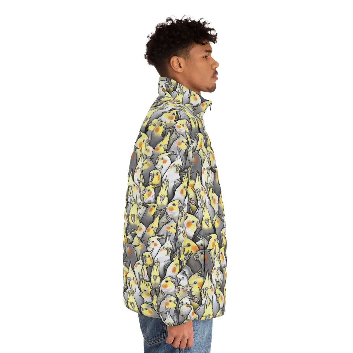 Cockatiel puffer jacket with a cute bird pattern design - men side right