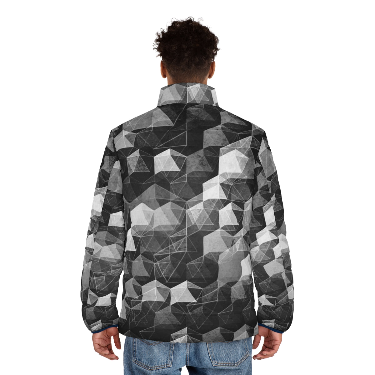 Monochrome geometric puffer jacket with an abstract pattern - men back