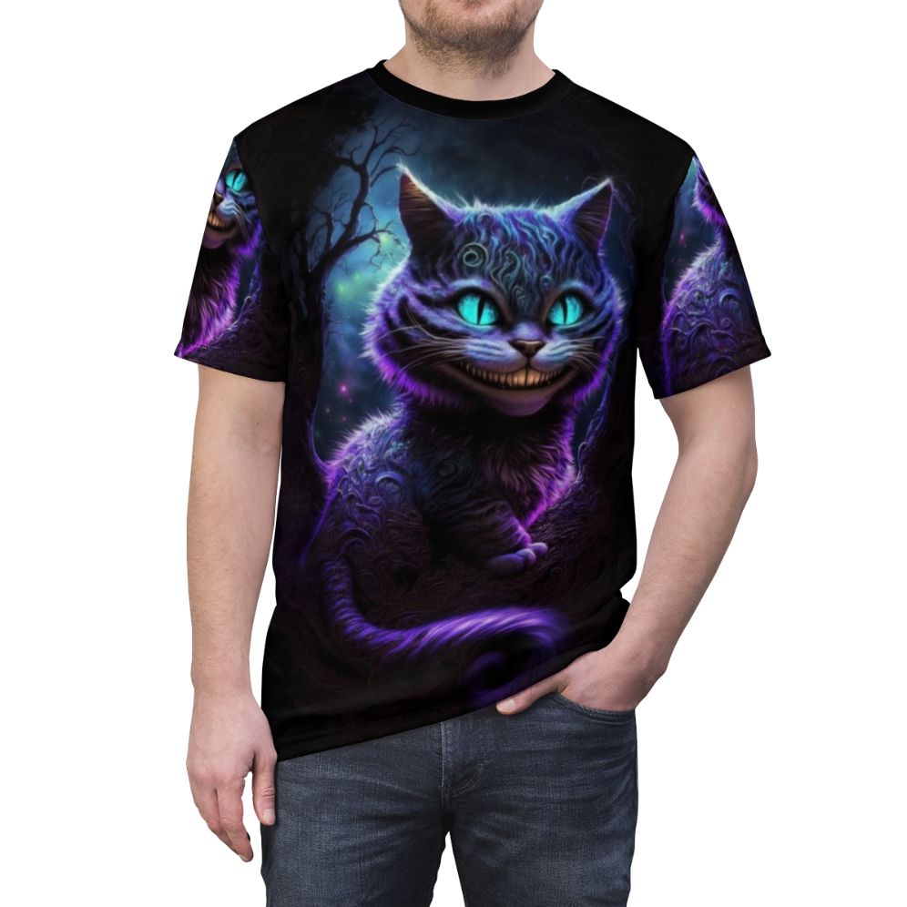 Cheshire Cat abstract art design on a high-quality t-shirt - men front