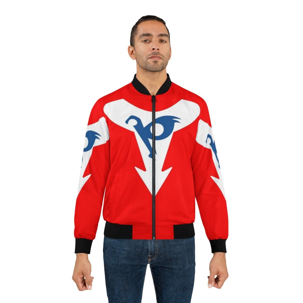 A stylish bomber jacket featuring the iconic Hurricane Polimar anime character in a retro, 80s inspired design. - Lifestyle