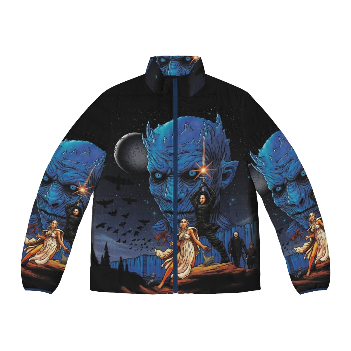 Throne Wars Puffer Jacket featuring a dragon, night king, and other Game of Thrones elements