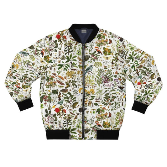 A bomber jacket featuring a collage of New Zealand's native flora and fauna, including butterflies, birds, and intricate botanical elements.