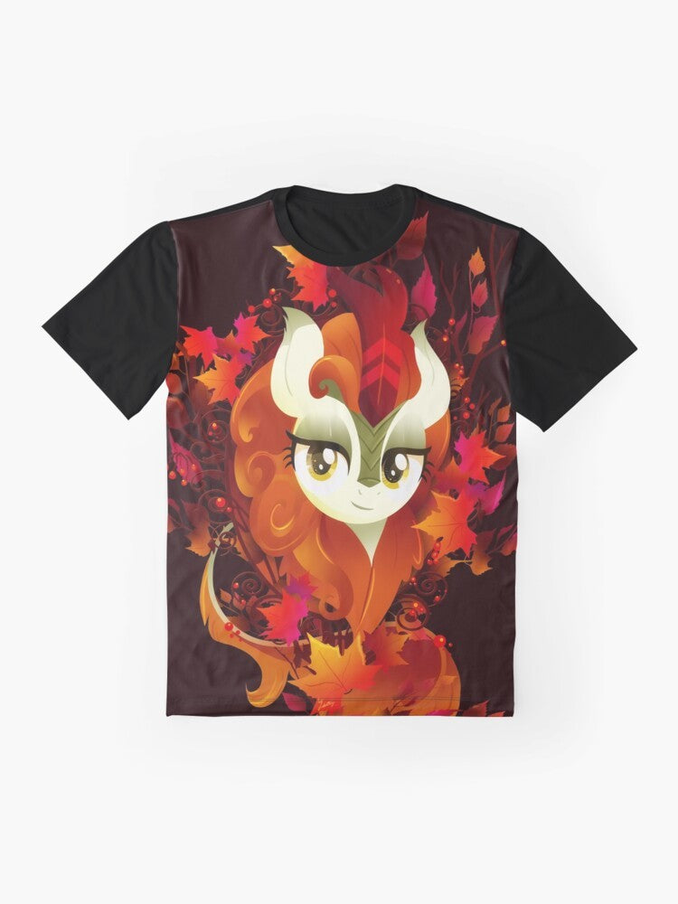 Autumn Blaze Graphic T-Shirt featuring a pony design with fall leaves - Flat lay