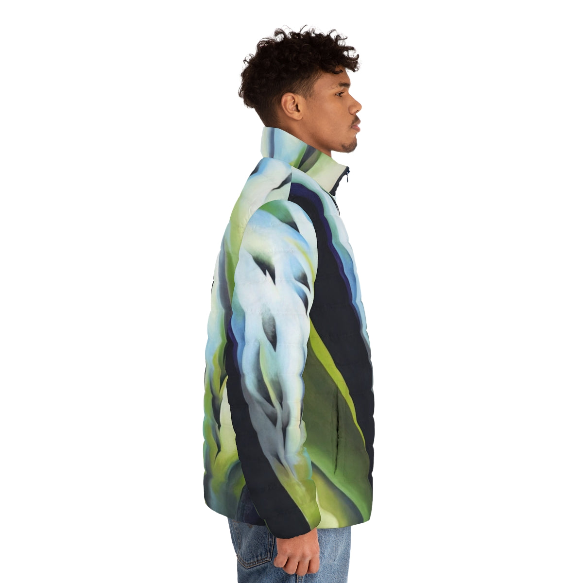 Georgia O'Keeffe inspired puffer jacket with vibrant blue and green floral abstraction design - men side right