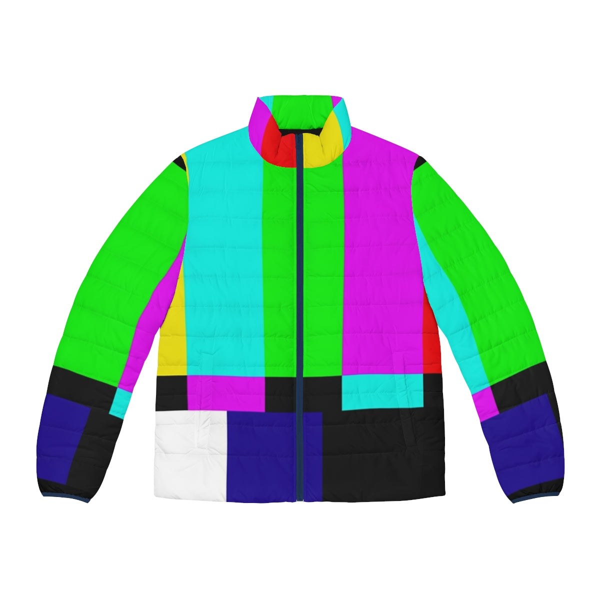 SMPTE color bars puffer jacket featuring a vibrant, technical graphic design