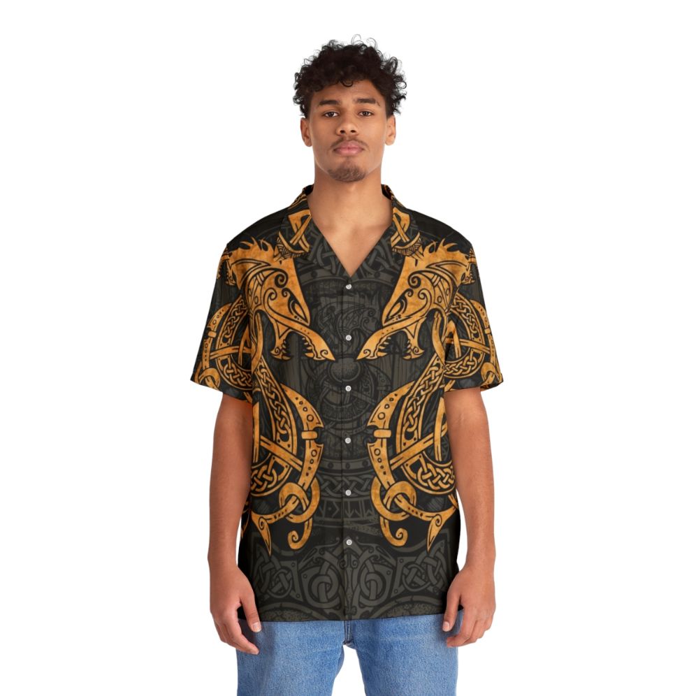 Fighting Fenrir Gold Norse Mythology Hawaiian Shirt - People Front