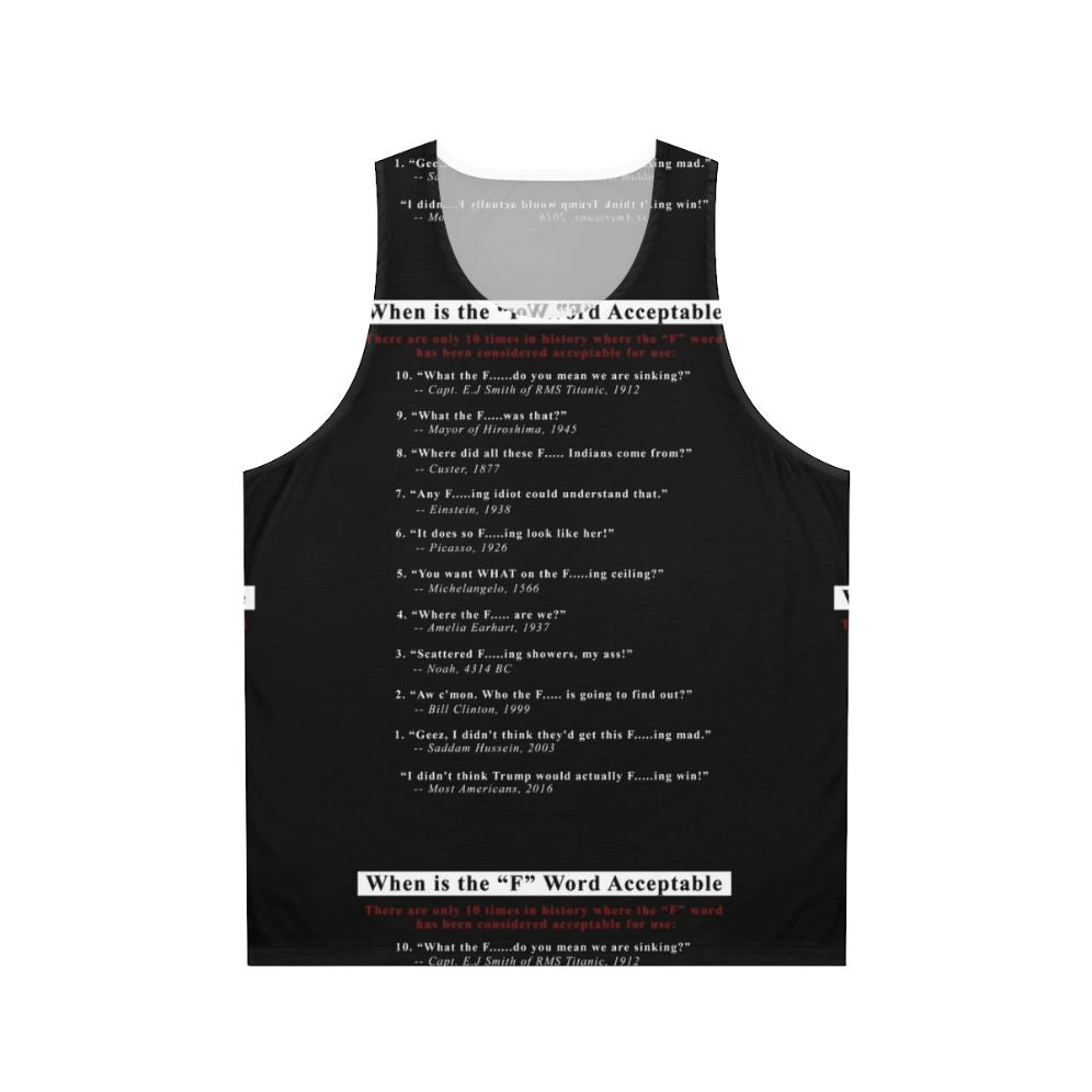 Black unisex tank top with "When the F-Word is Acceptable" graphic