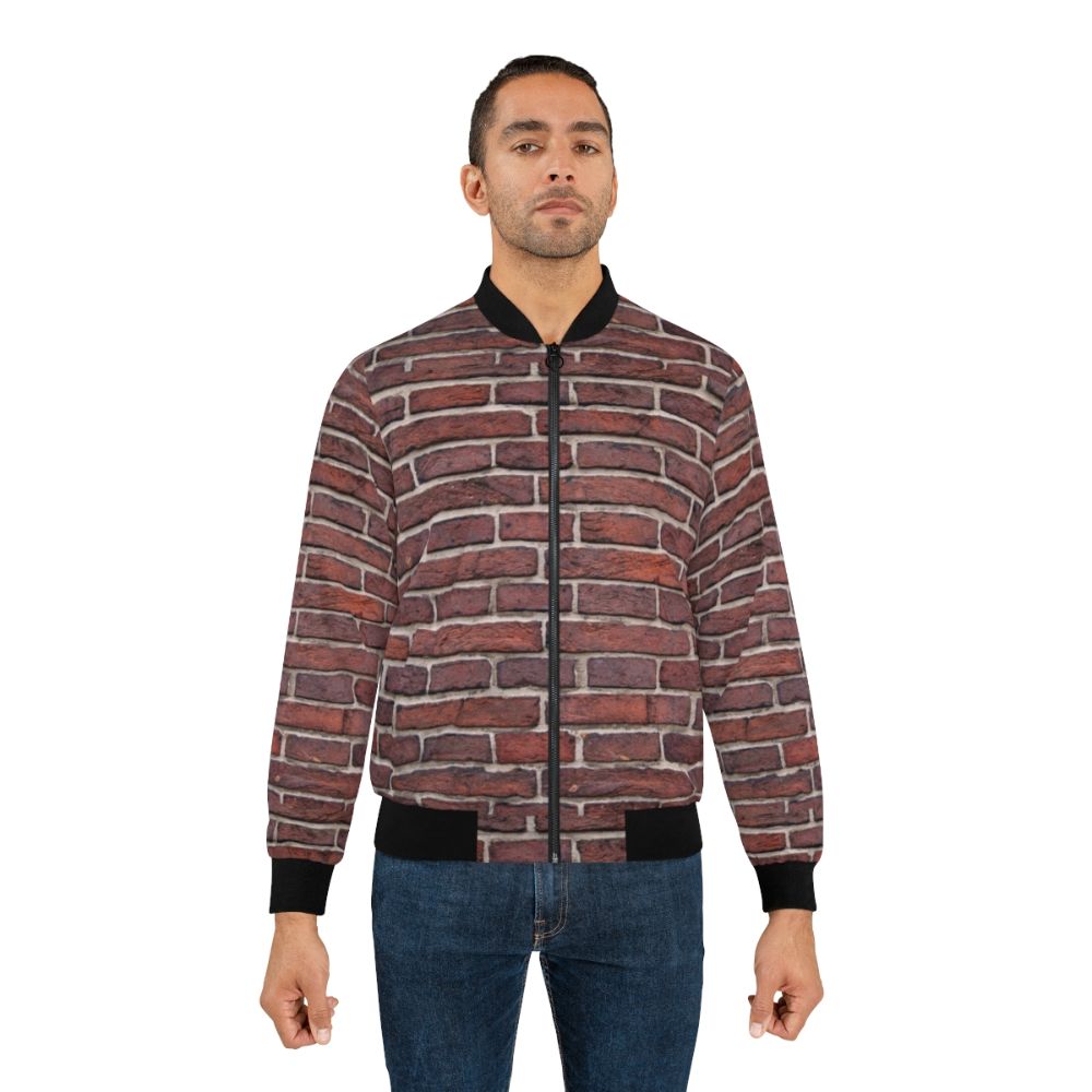 A bomber jacket with a textured brick wall design, showcasing an industrial and architectural style. - Lifestyle