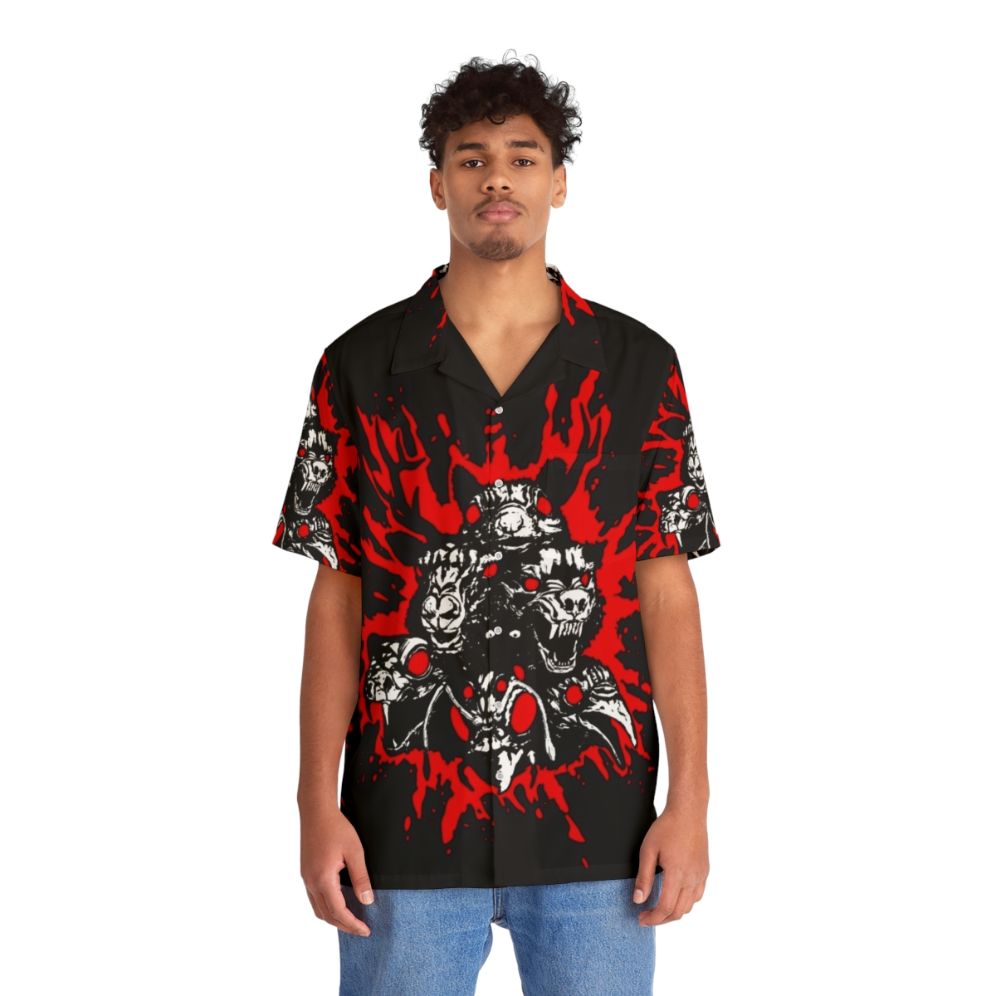 Chilling Blood Totems Hawaiian Shirt with Occult Symbols and Bloody Splatter - People Front