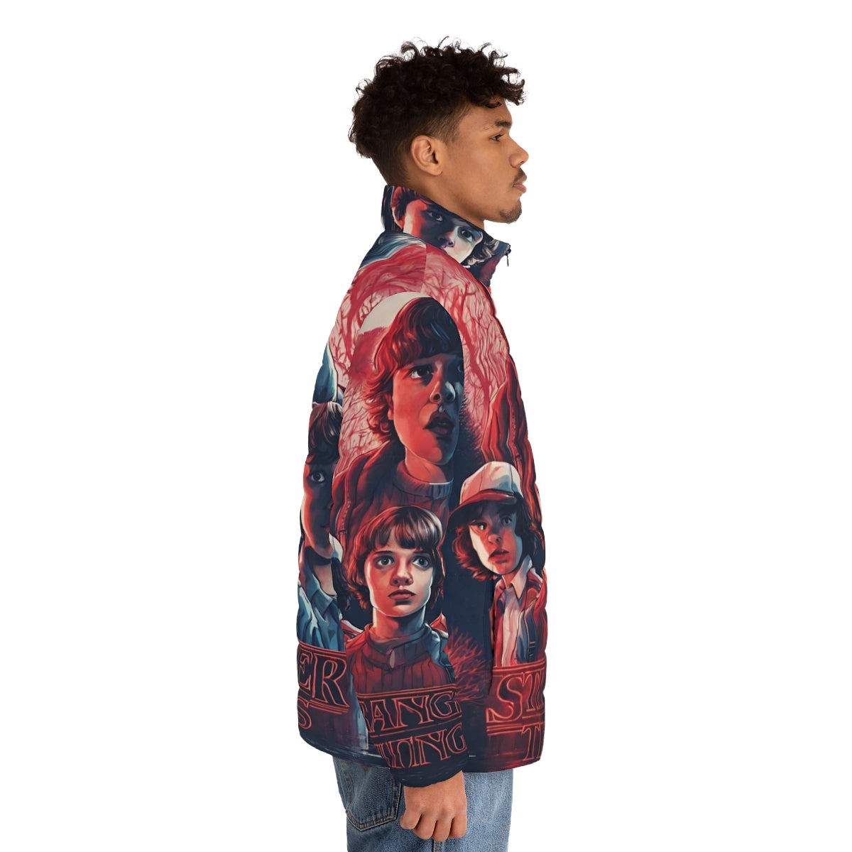 Stranger Things inspired puffer jacket featuring characters and elements from the popular sci-fi/horror series - men side right