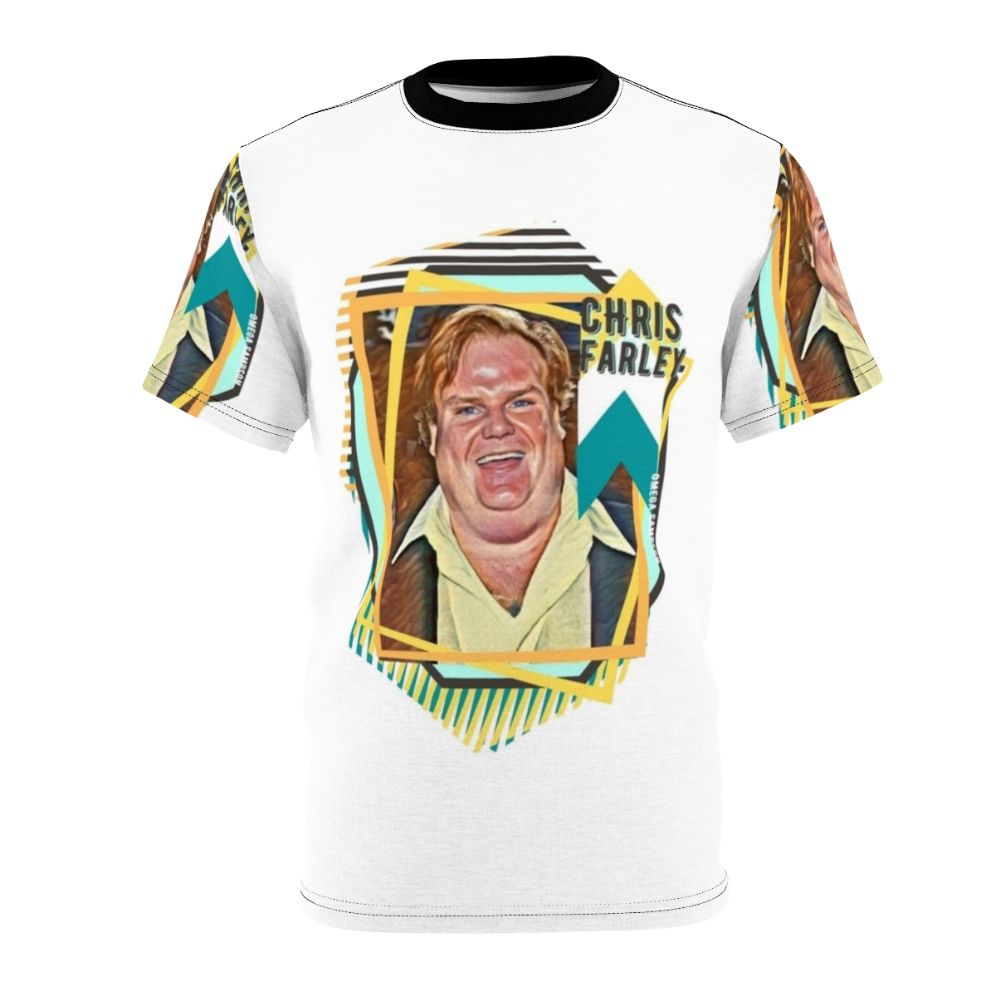 Retro-style t-shirt featuring an illustration of comedian Chris Farley