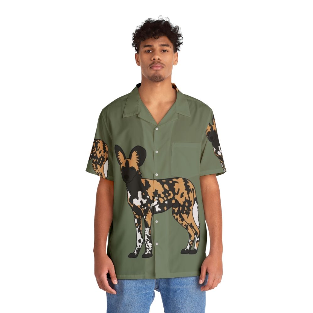 Colorful Hawaiian shirt featuring an African painted dog design - Lifestyle