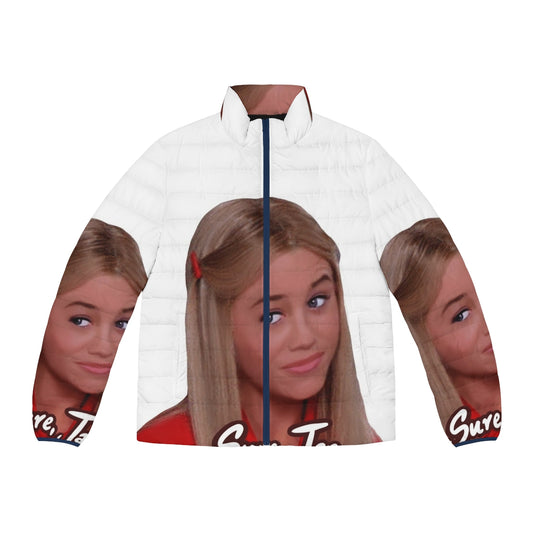 A cozy and stylish puffer jacket with a "Sure Jan" meme-inspired design