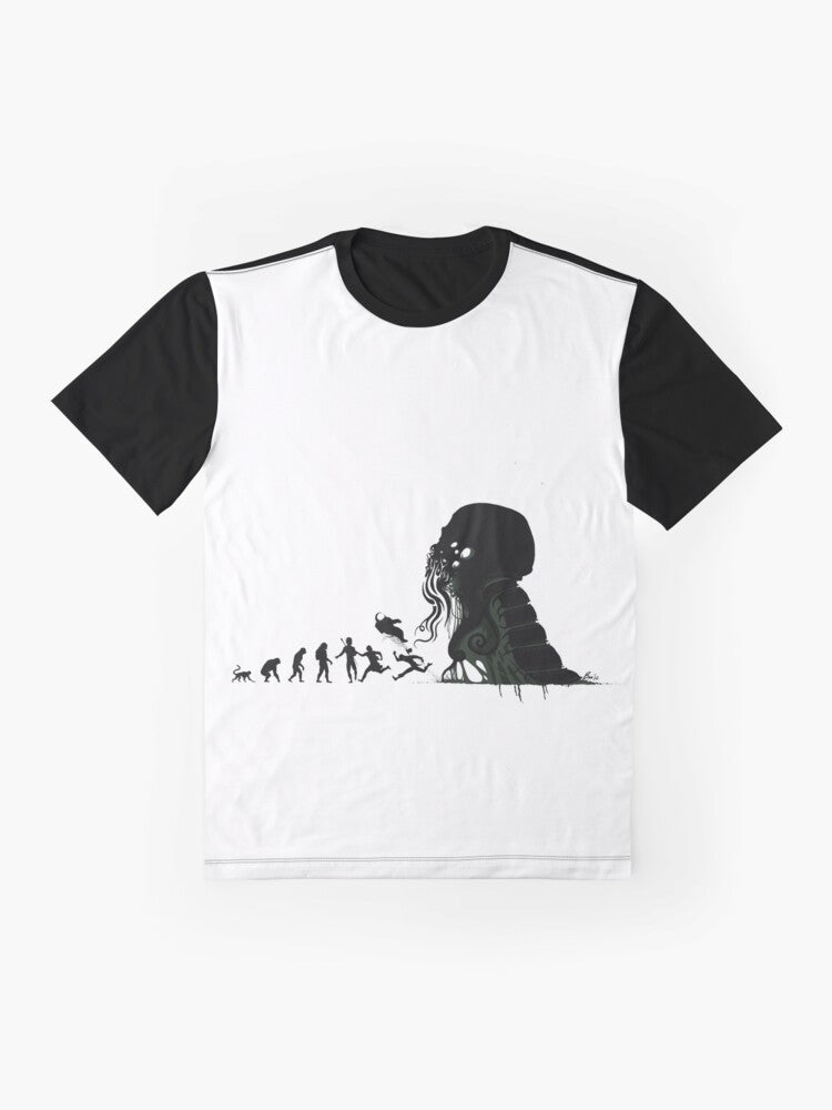 Lovecraftian evolution graphic t-shirt featuring a silhouette design of human figures transitioning into apes and elder entities, representing the cosmic horror themes of H.P. Lovecraft's works. - Flat lay