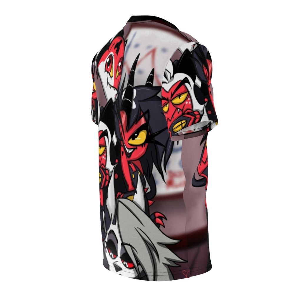 Helluva Boss inspired all-over print t-shirt featuring Vivziepop cartoon characters - men right