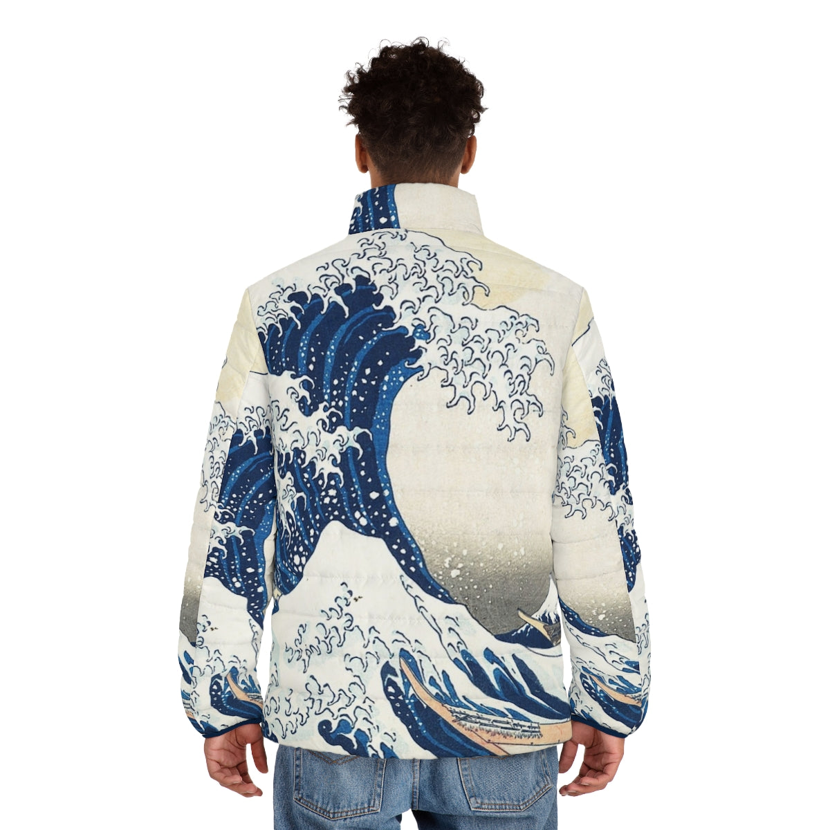 Kanagawa Wave Japanese Wave Puffer Jacket featuring the iconic Hokusai wave artwork - men back