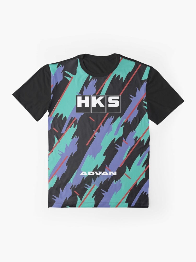 HKS Advan JDM Graphic T-Shirt featuring a vintage-inspired JDM design - Flat lay