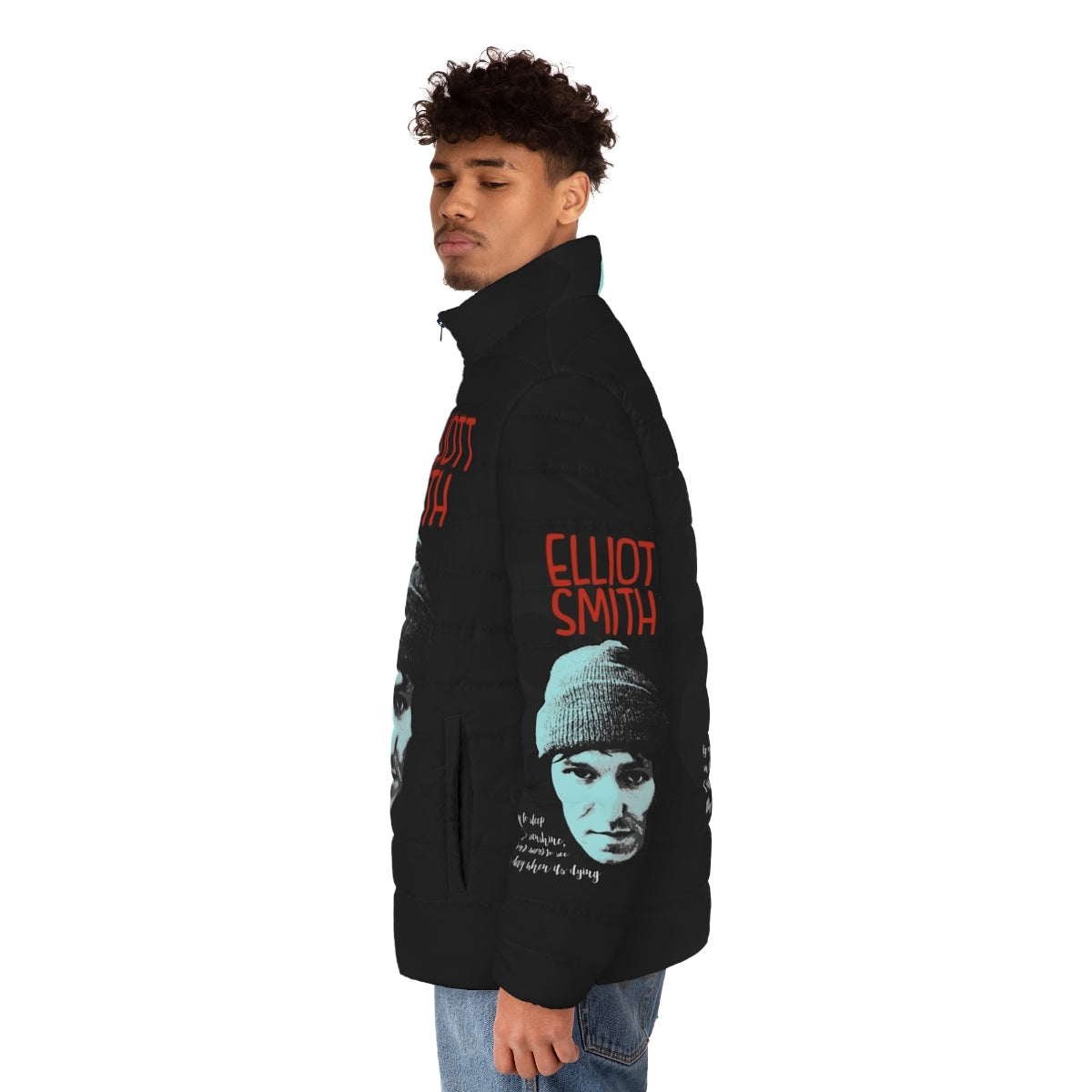 Elliott Smith Art Puffer Jacket with Indie Music Inspired Lettering and Graphics - men side left