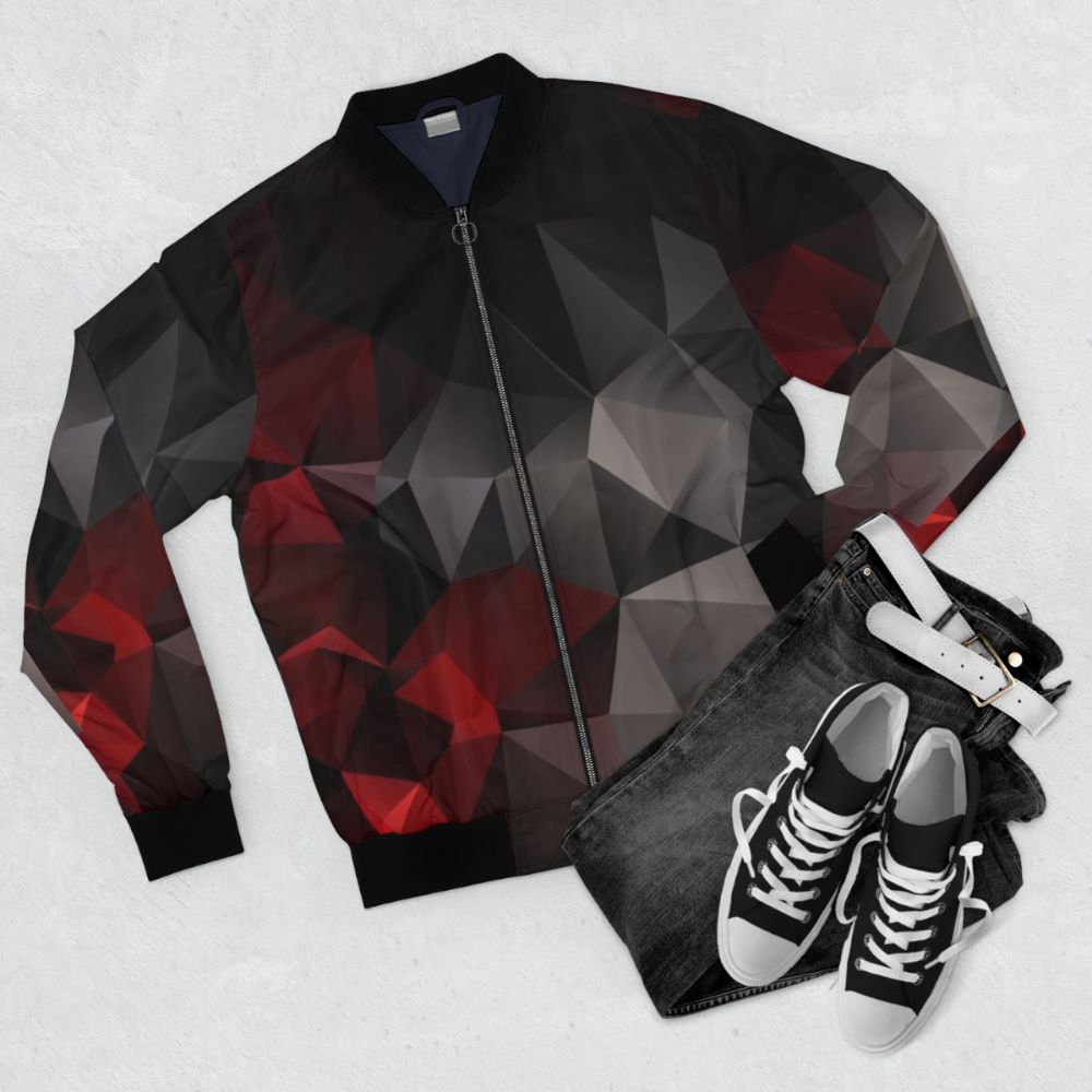 Geometric polygon abstract wallpaper design featured on a bomber jacket - Flat lay