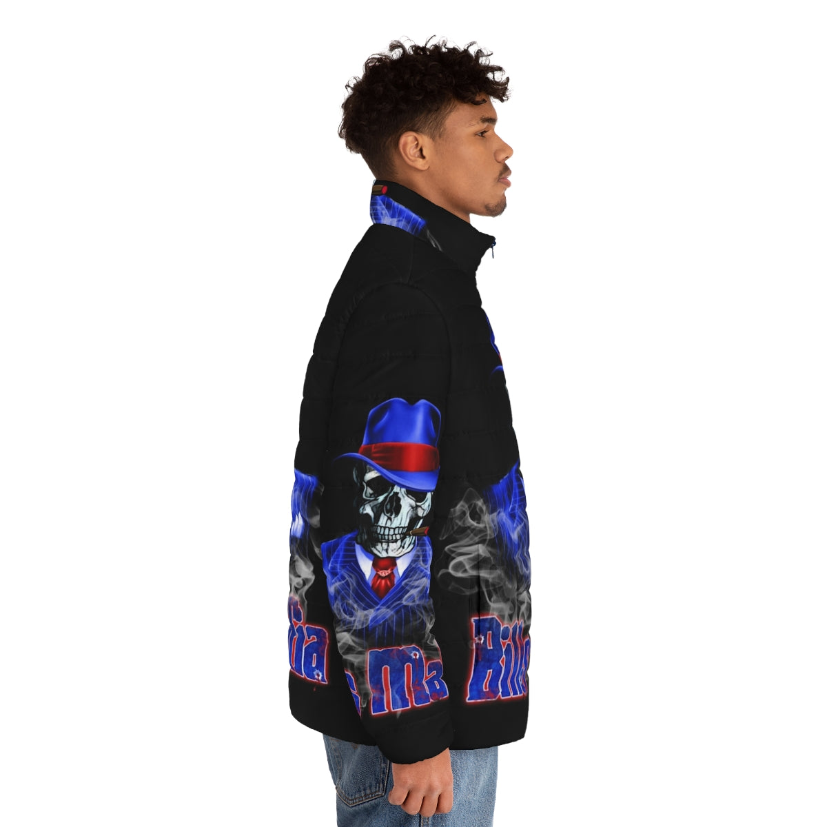 Bills Mafia Puffer Jacket featuring a bold skeleton and skull design - men side right