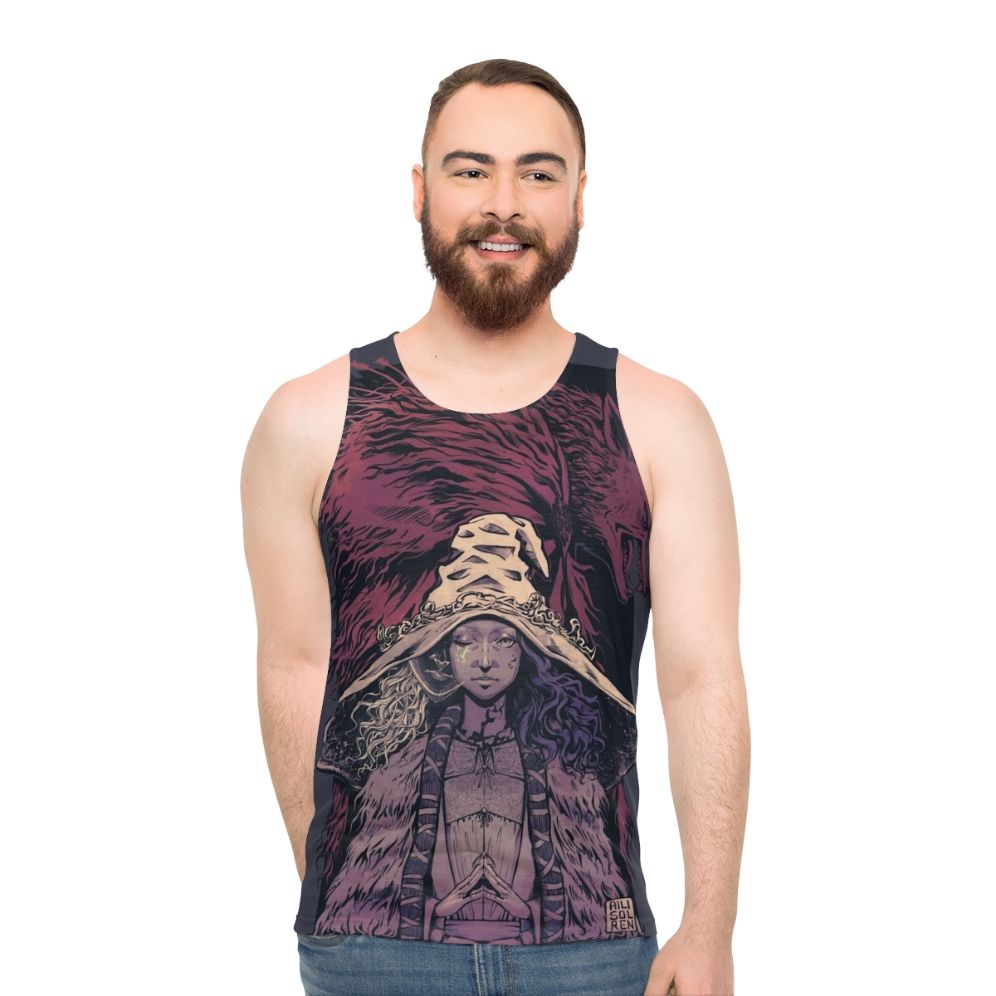 Desaturated unisex tank top featuring Ranni and Blaidd from Elden Ring - men