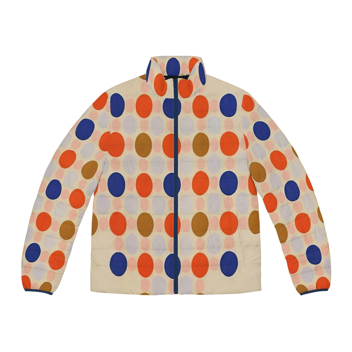 Thomas Downing inspired puffer jacket with vibrant colors and abstract patterns