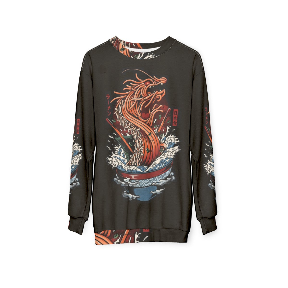 Ramen Dragon Sweatshirt with Japanese Art Inspired Kaiju Food Design - hanging