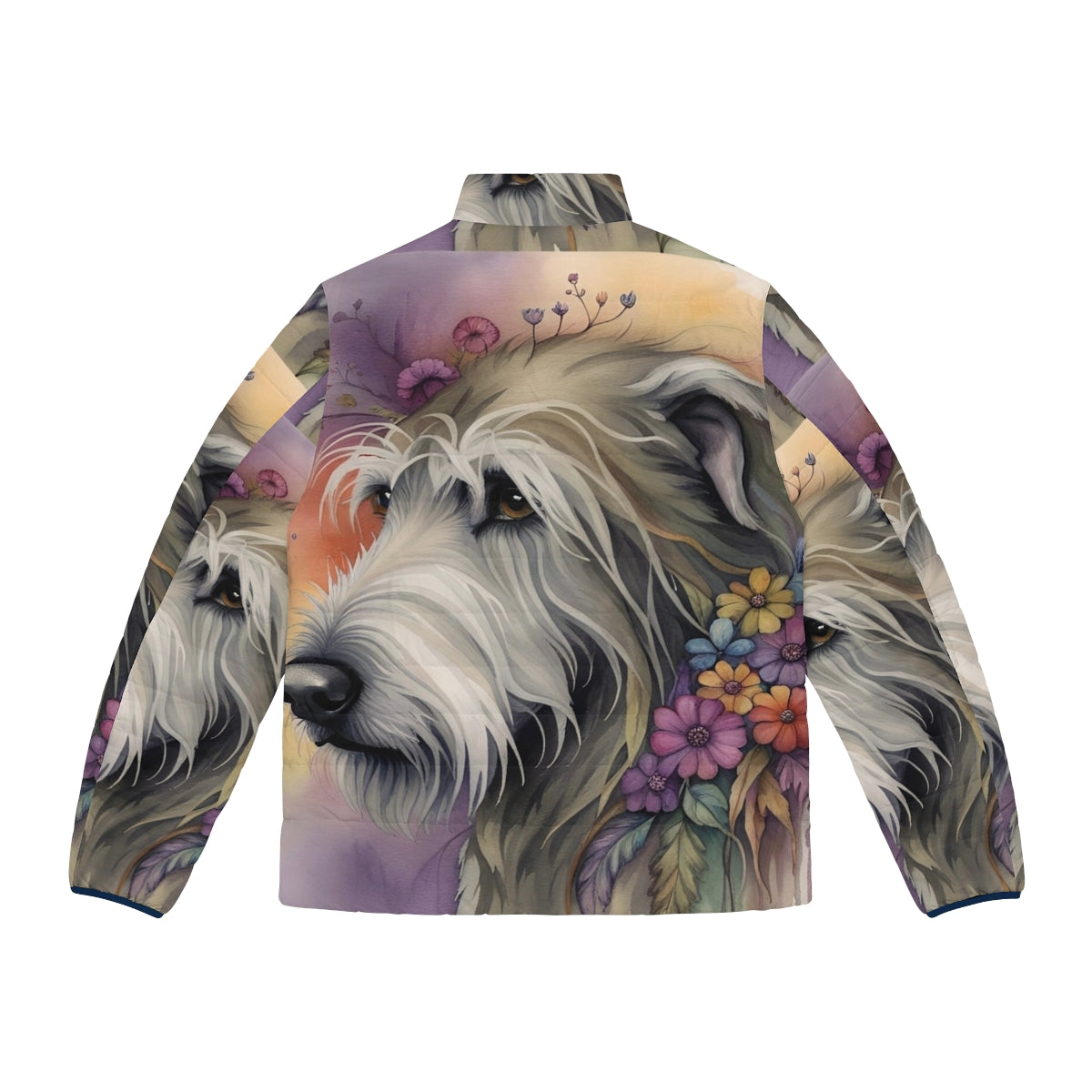 Watercolor-inspired puffer jacket featuring a cute Irish Wolfhound design - Back