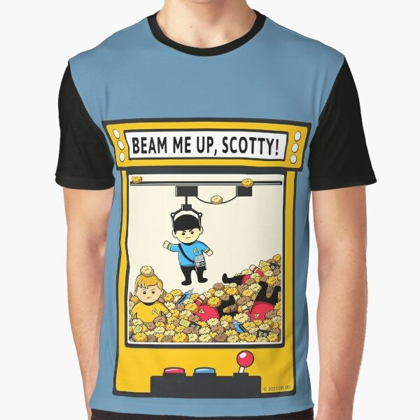 A Star Trek graphic tee with the iconic "Beam Me Up, Scotty" quote and characters like Spock and Captain Kirk.